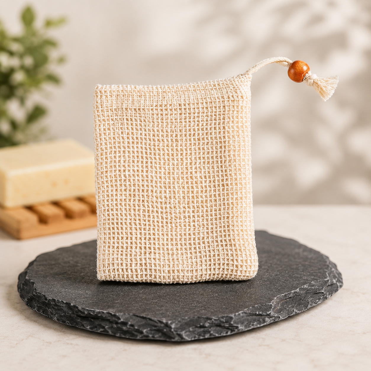 Natural Plant-Based 100% Cotton Soap Saver Pouch, with Coffee Color Wood Bead and Drawstring