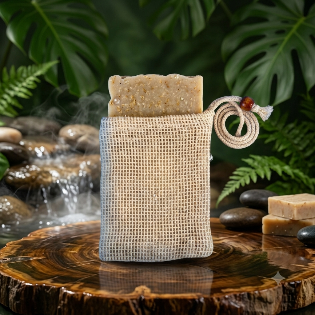 Natural Plant-Based 100% Cotton Soap Saver Pouch, with Coffee Color Wood Bead and Drawstring