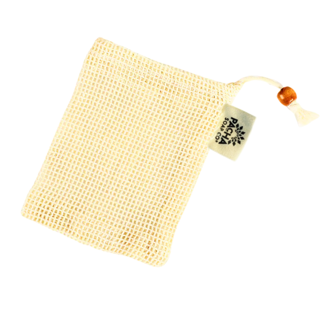 Custom Labeled Natural Plant-Based Cotton Soap Saver Pouch, with Coffee Color Wood Bead and Drawstring