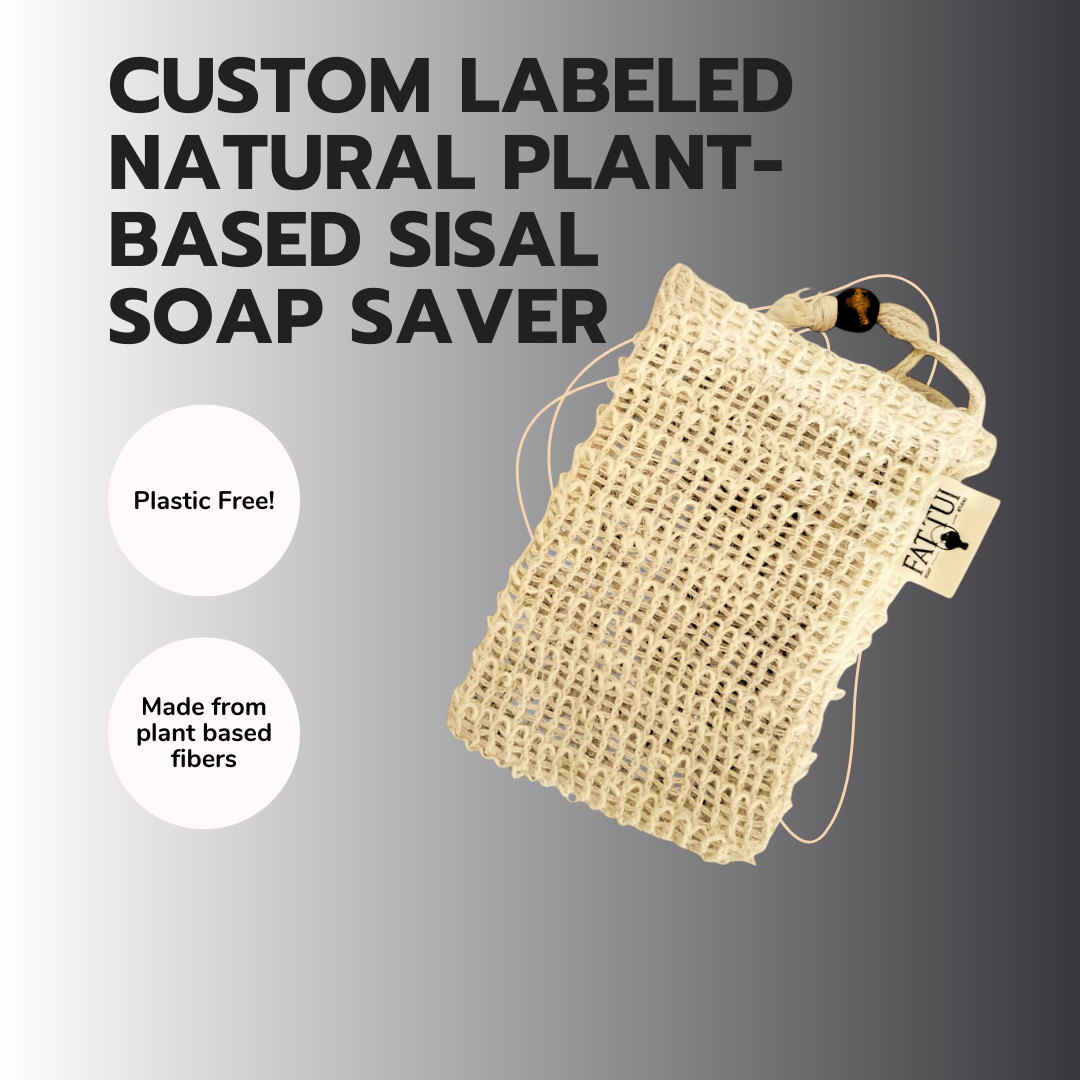 Custom Labeled Natural Plant-based Sisal Soap Saver Pouch, with Coffee Color Wood Bead and Drawstring