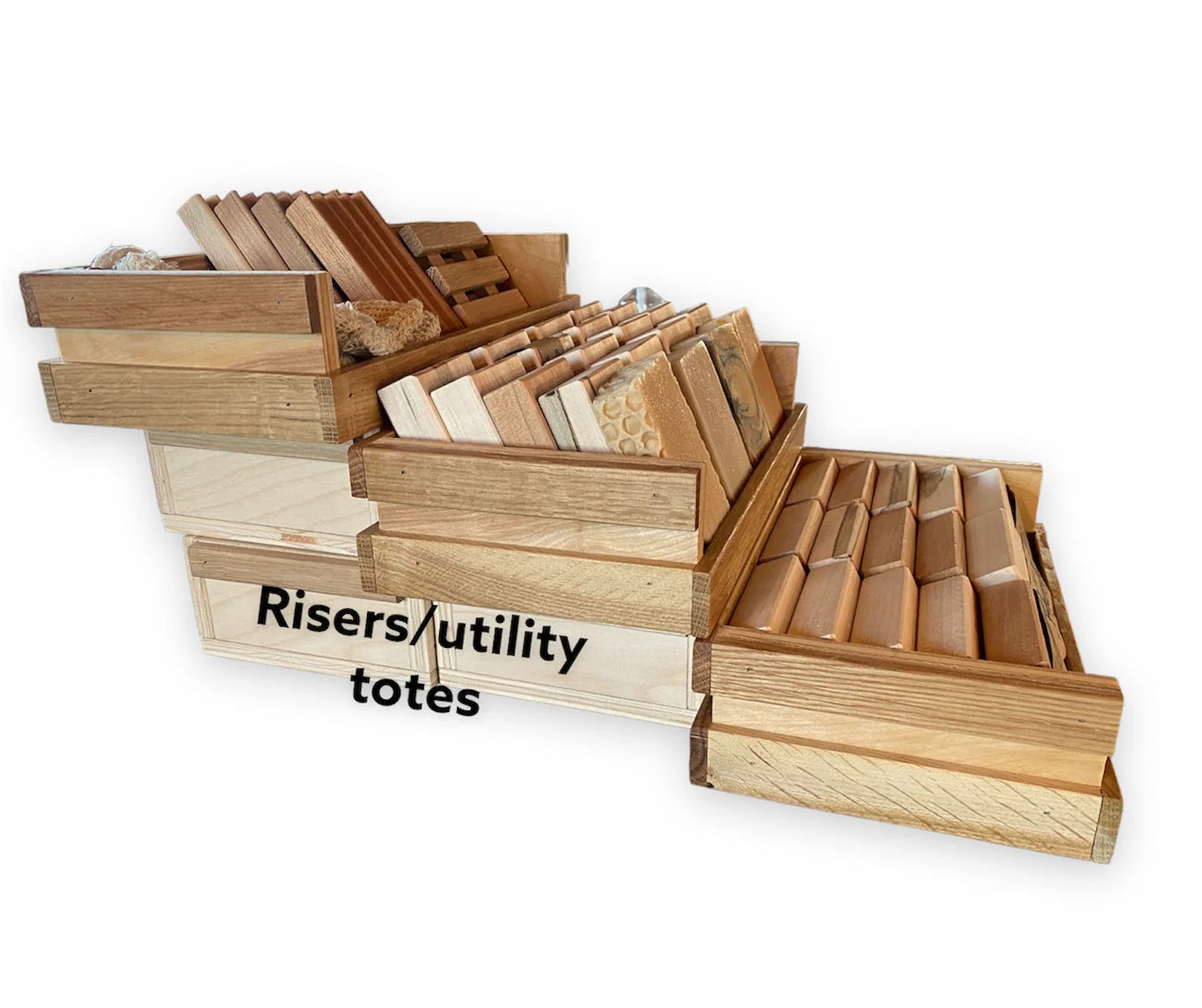 Set of 3 Wood Display Crates + 3 Storage Totes