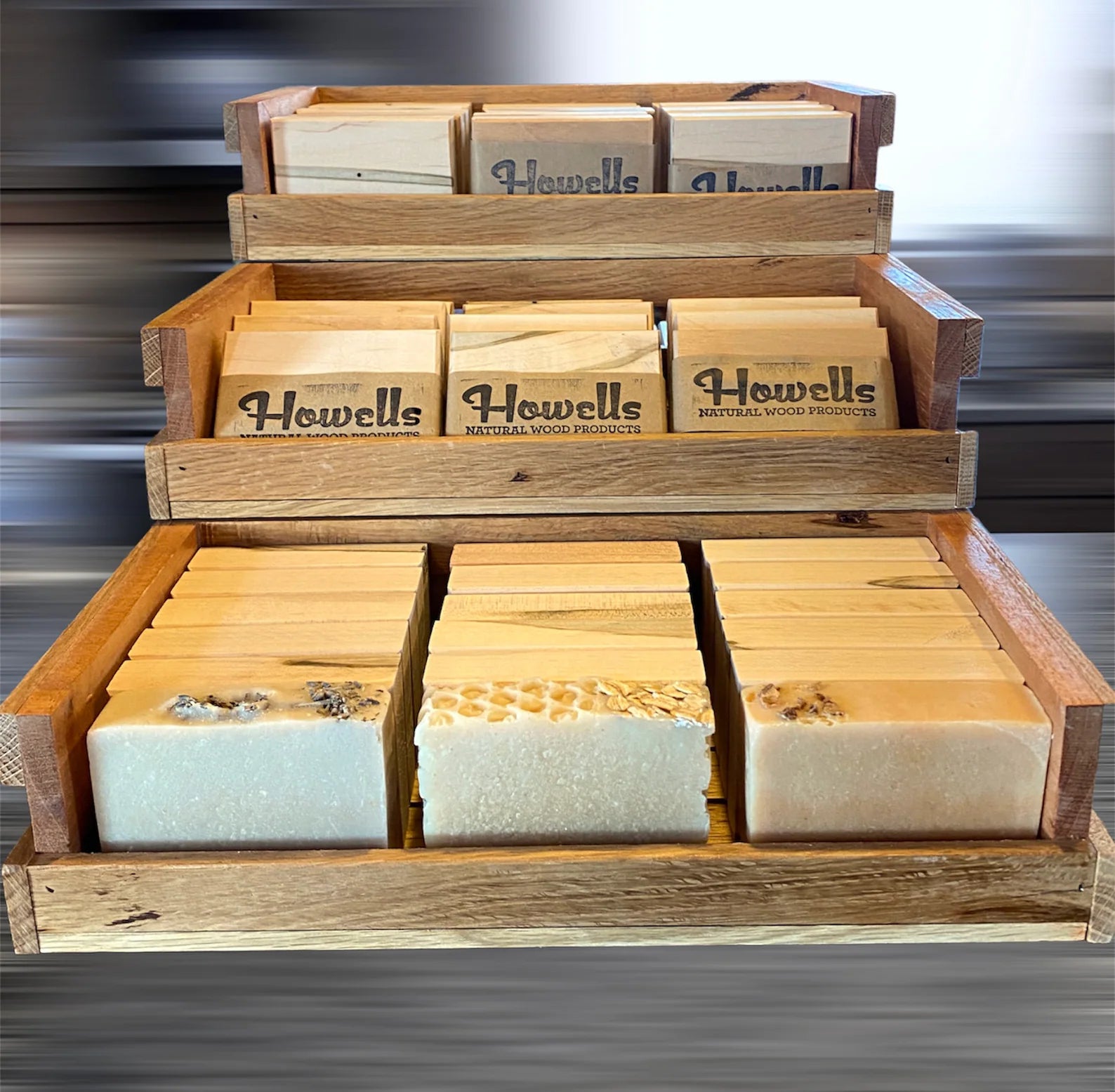 Set of 3 Wood Display Crates + 3 Storage Totes