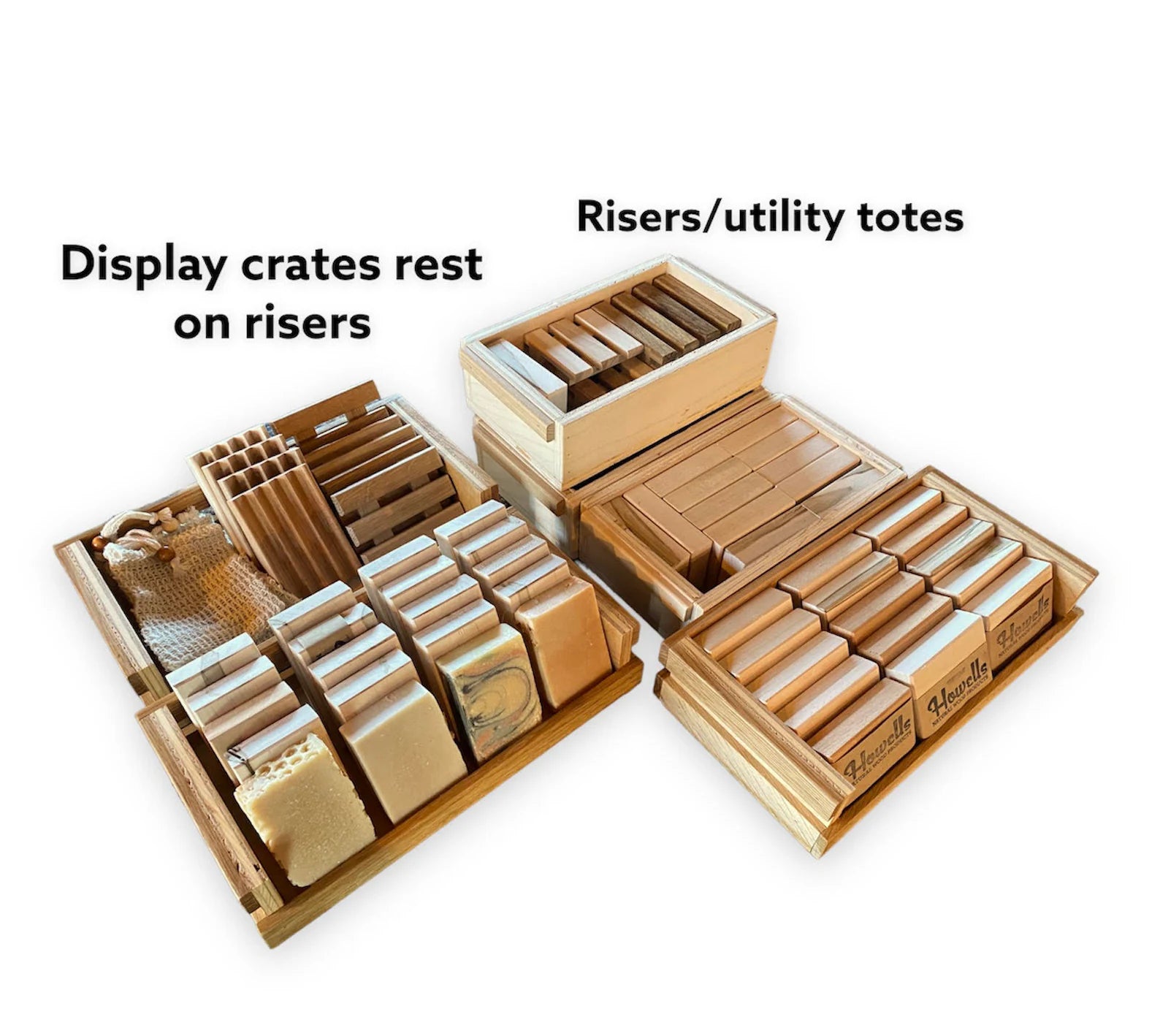Set of 3 Wood Display Crates + 3 Storage Totes