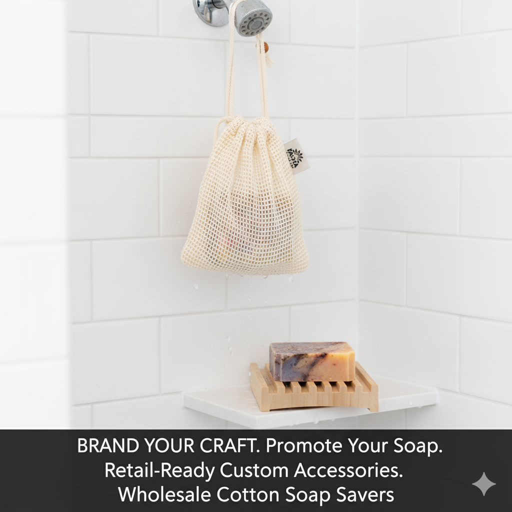 Custom Labeled Natural Plant-Based Cotton Soap Saver Pouch, with Coffee Color Wood Bead and Drawstring