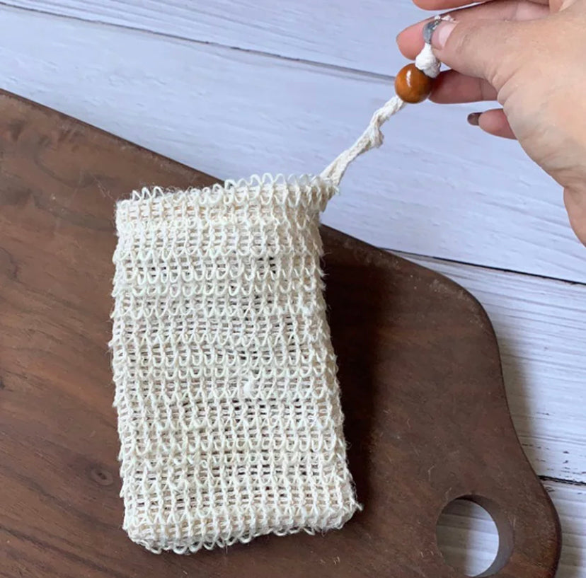 Natural Plant-based Sisal Soap Saver Pouch, with Coffee Color Wood Bead and Drawstring