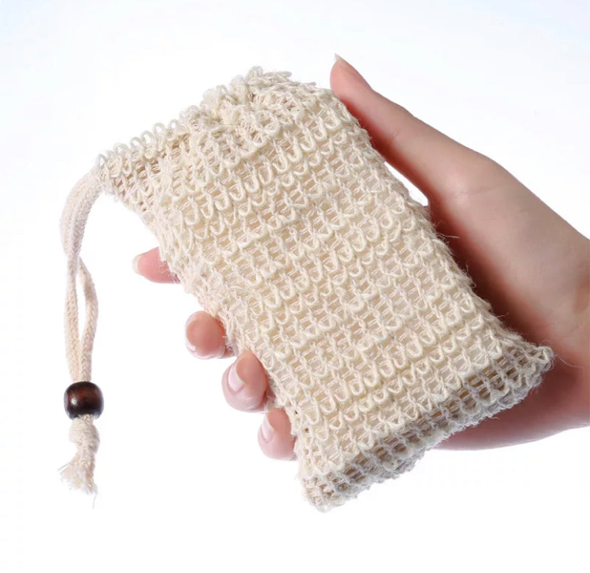 Natural Plant-based Sisal Soap Saver Pouch, with Coffee Color Wood Bead and Drawstring