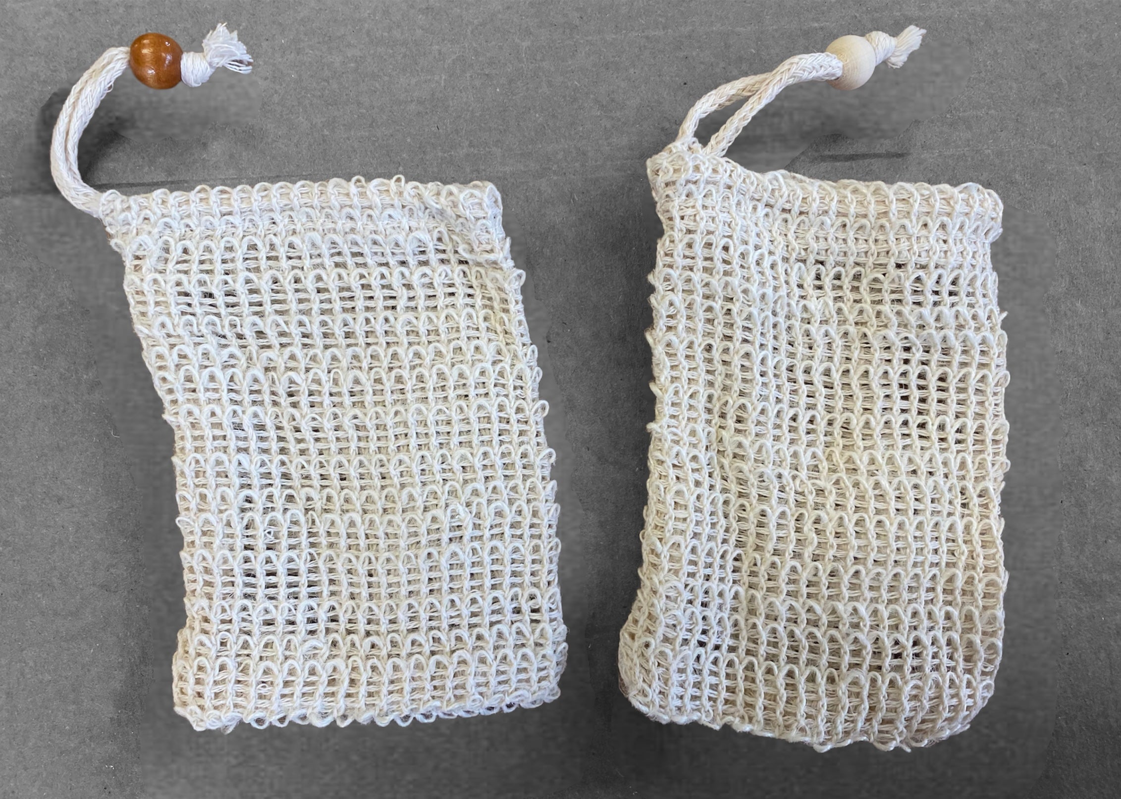 Natural Plant-based Sisal Soap Saver Pouch, with Coffee Color Wood Bead and Drawstring