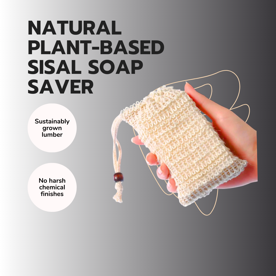 Natural Plant-based Sisal Soap Saver Pouch, with Coffee Color Wood Bead and Drawstring