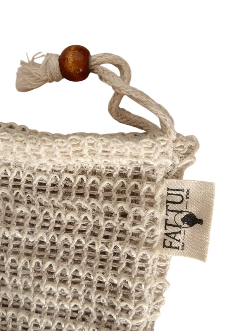 Custom Labeled Natural Plant-based Sisal Soap Saver Pouch, with Coffee Color Wood Bead and Drawstring