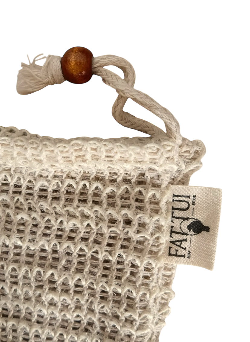 Custom Labeled Natural Plant-based Sisal Soap Saver Pouch, with Coffee Color Wood Bead and Drawstring