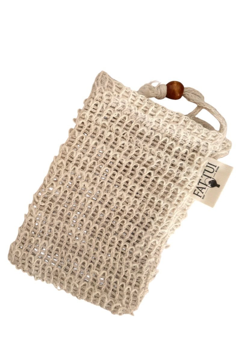 Custom Labeled Natural Plant-based Sisal Soap Saver Pouch, with Coffee Color Wood Bead and Drawstring