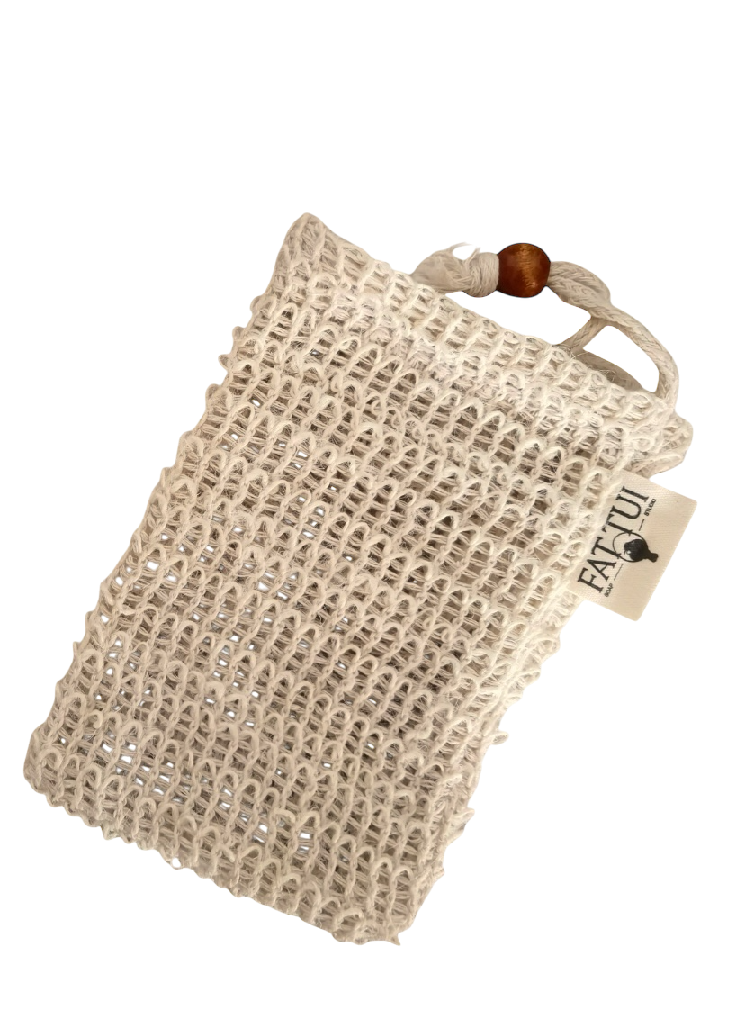 Custom Labeled Natural Plant-based Sisal Soap Saver Pouch, with Coffee Color Wood Bead and Drawstring