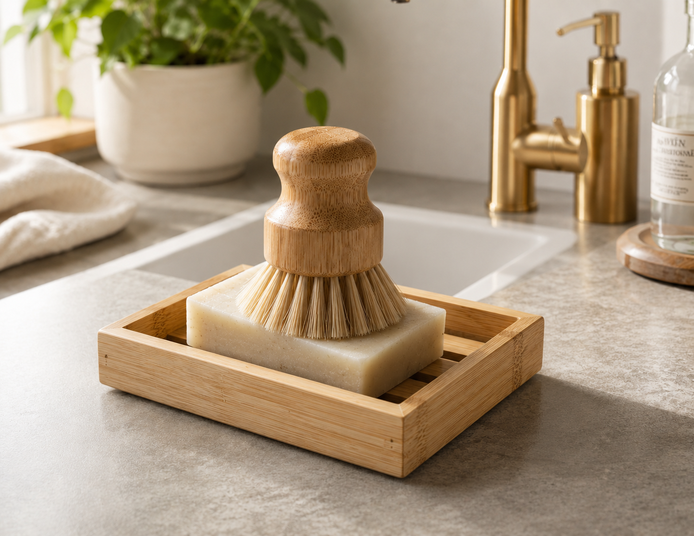 Bamboo Dish Washing Kit- Soap Tray & Dish Brush