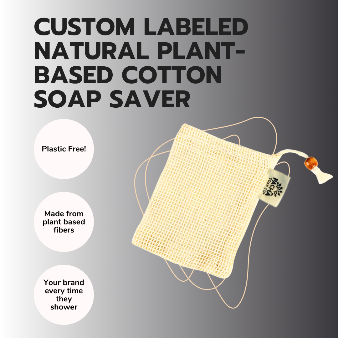 Custom Labeled Natural Plant-Based Cotton Soap Saver Pouch, with Coffee Color Wood Bead and Drawstring