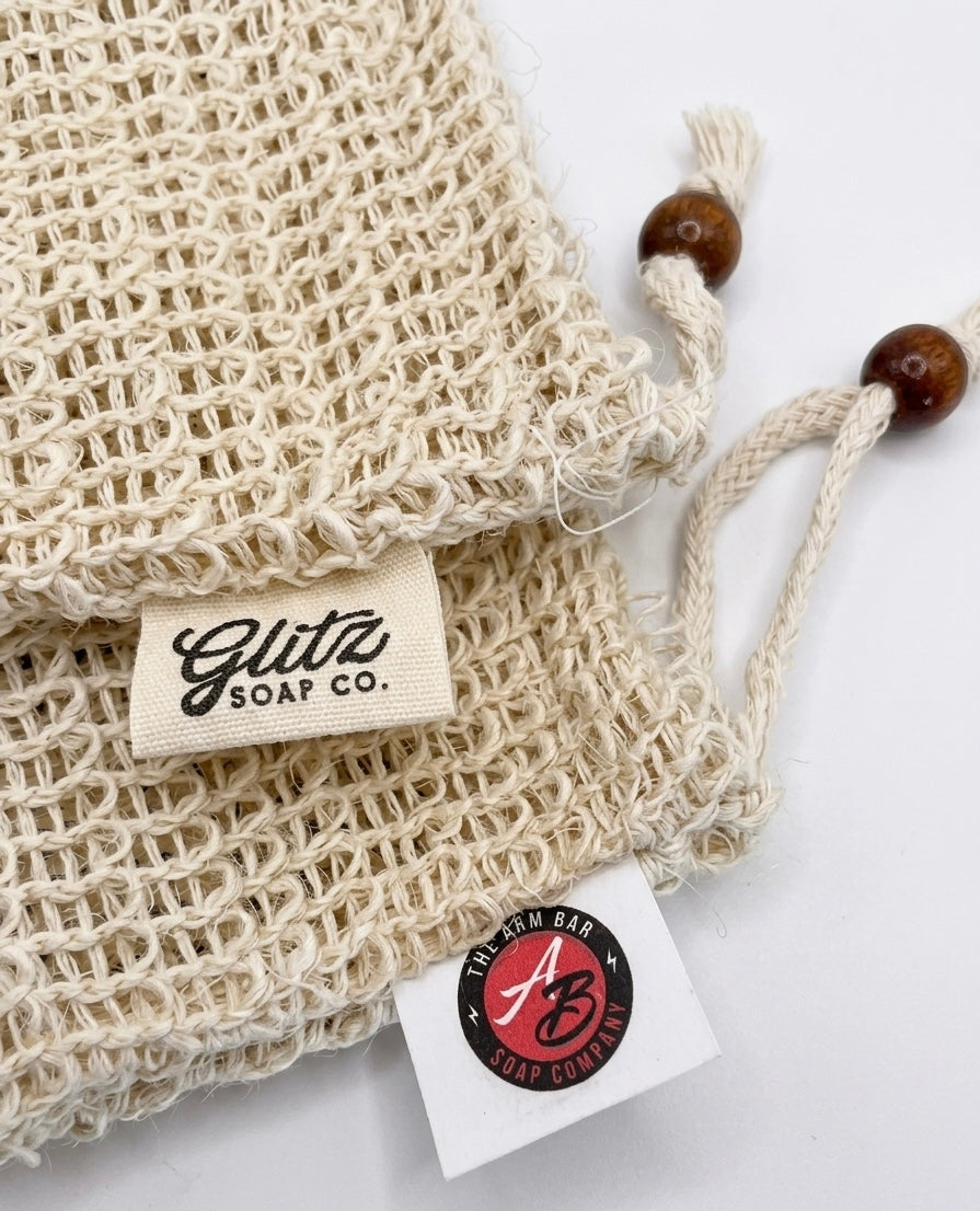 Custom Labeled Natural Plant-Based Sisal Soap Saver Pouch, with Coffee Color Wood Bead and Drawstring
